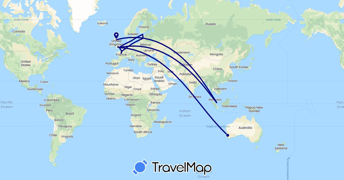 TravelMap itinerary: driving in Australia, Denmark, Estonia, France, United Kingdom, Latvia, Singapore (Asia, Europe, Oceania)